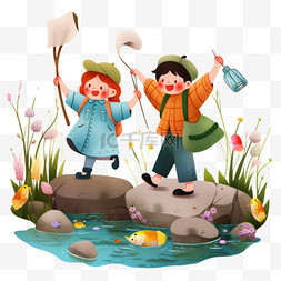 孩子河边钓鱼卡通手绘元素春天