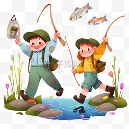 春天孩子卡通河边钓鱼手绘元素