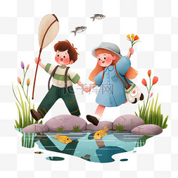 卡通池塘图片_卡通手绘春天孩子河边钓鱼元素