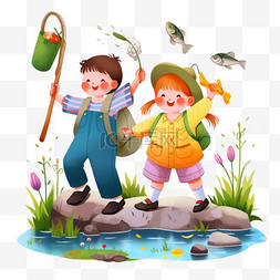 春天卡通孩子河边钓鱼手绘元素