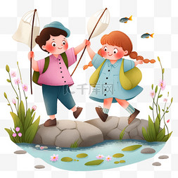 孩子河边钓鱼卡通春天手绘元素