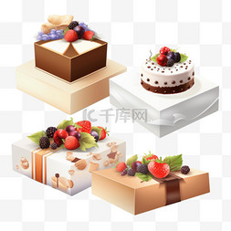 蛋糕蛋糕盒图片_生日贺卡，配有逼真的蛋糕和礼盒
