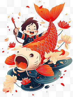 春节背景图片_鲤鱼新年孩子喜庆卡通手绘元素