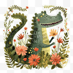 可爱动物鳄鱼卡通花草手绘元素