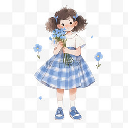 简约格子蓝色背景图片_可爱女孩花卉卡通手绘元素春天