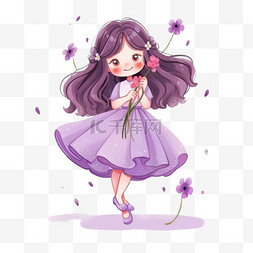 卡通手绘花紫色图片_春天可爱女孩拿花手绘元素卡通
