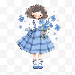 简约格子蓝色背景图片_手绘春天可爱女孩花卉卡通元素