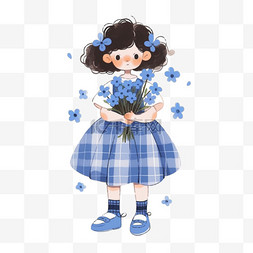 简约格子蓝色背景图片_春天可爱女孩卡通花卉手绘元素