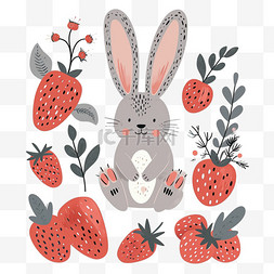 儿童矢量图片_卡通可爱兔子草莓植物手绘元素