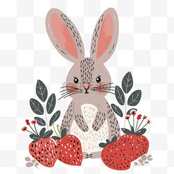 可爱兔子草莓植物手绘卡通元素
