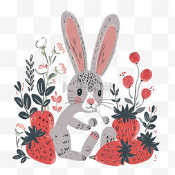 可爱兔子卡通草莓植物手绘元素