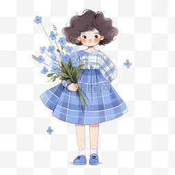 简约格子蓝色背景图片_春天手绘元素可爱女孩花卉卡通