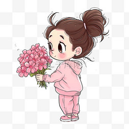 粉色手绘花朵背景图片_春天可爱女孩卡通拿着花手绘元素