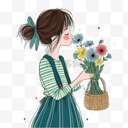 春天可爱女孩手绘插画鲜花元素