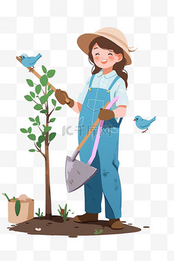 可爱蓝色小鸟图片_卡通手绘春天女孩植树元素