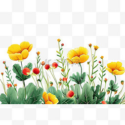 手绘红色白色花朵图片_春天手绘黄色花朵绿叶子免抠元素