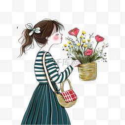 可爱女孩鲜花手绘插画春天元素