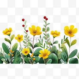 春天元素黄色花朵绿叶子手绘免抠