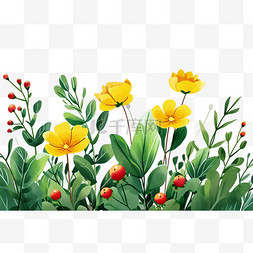 春天黄色花朵绿叶子手绘免抠元素