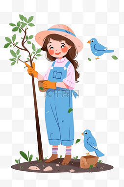 小鸟植树节图片_卡通春天元素女孩植树手绘
