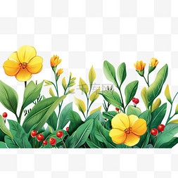 元素春天黄色花朵绿叶子手绘免抠