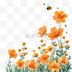 卡通春天手绘小花图片_春天卡通菊花植物蜜蜂手绘元素