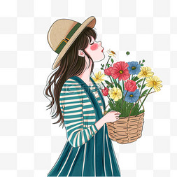 春天可爱女孩鲜花插画元素手绘