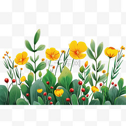 春天黄色花朵绿叶子免抠手绘元素