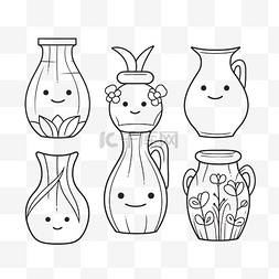 白花瓶图片_卡通画轮廓草图中的五个不同花瓶