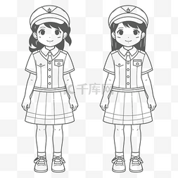 制服轮廓素描中两个不同年龄女孩