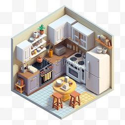 电商桌子图片_3d房间模型厨房家电齐全图案