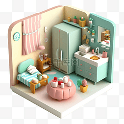 房间模型立体绿粉色图案