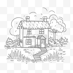 儿童线描房子图片_草坪上房子的涂鸦，带有路径轮廓