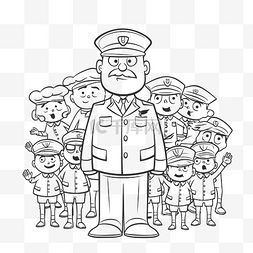 儿童图片_穿制服的男人和一群孩子勾画素描