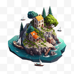 帆船模型船图片_海上的岛屿蓝色海洋船树等距风格