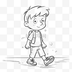 男孩在黑白着色页轮廓素描中步行