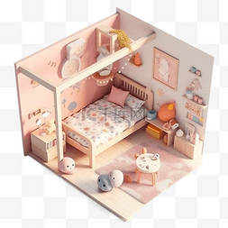 双人床插画图片_儿童卧室粉色立体插画