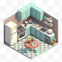 电商桌子图片_3d房间模型厨房绿白色格子地板图