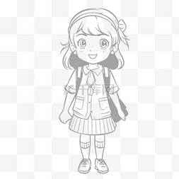 素描校服图片_黑白卡通小女孩穿校服着色页儿童