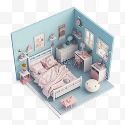 家居书房图片_卧室床蓝色可爱卡通立体插画