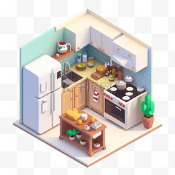 3d房间模型厨房粉白色图案