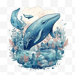 海洋世界蓝色海底图片_鲸鱼海面海洋日蓝色插画