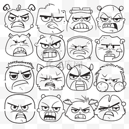 收集卡通愤怒的面孔轮廓素描 向