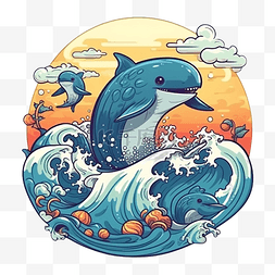 鲸鱼卡通插画图片_海洋日鲸鱼海浪插画