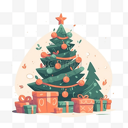 球球绿色立体图片_圣诞树与礼盒卡通插画
