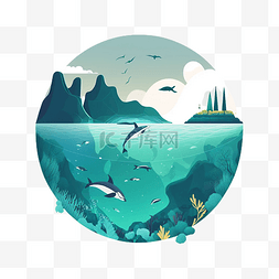 海洋美人鱼图片_蓝色海洋卡通海洋插画