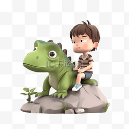 卡通古代儿童图片_恐龙和男孩坐在岩石上卡通可爱立