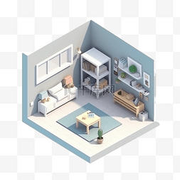 3d房间模型蓝色白色地板等距立体
