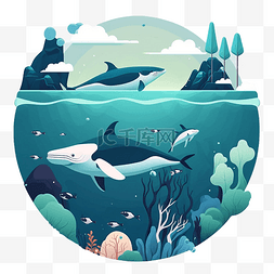 大白鲨插画图片_海草鱼水中世界插画