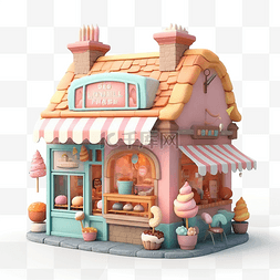 甜品店小屋建筑可爱卡通立体插画
